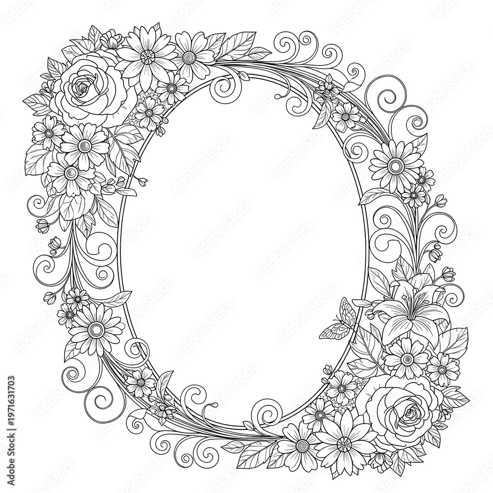 Obraz premium Floral oval frame with flowers and leaves for coloring book pages elegant design