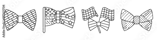 Four artistic designs of bow ties and American flags in black outline