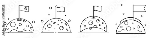 Four black and white abstract planets with flags, craters and other celestial elements
