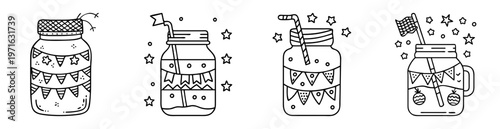 Hand drawn mason jars decorated with party flags, stars, and dots