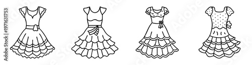 Four different dresses designs in a black and white outline illustration