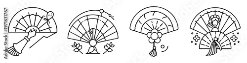 Collection of Four Artistic Black and White Hand Fan Illustrations