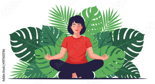 A serene woman with dark hair and a red shirt meditates peacefully in a lotus position, surrounded by lush green tropical leaves, promoting relaxation and mindfulness.