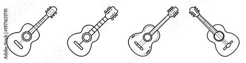 Four simple black and white line art drawings of acoustic guitars