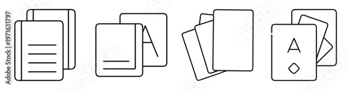 Black and white line art illustration of playing cards in different stacks