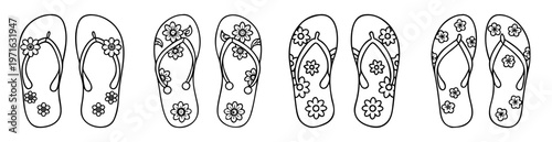 Black and White Line Art Depicting Summer Flip Flops with Floral Designs