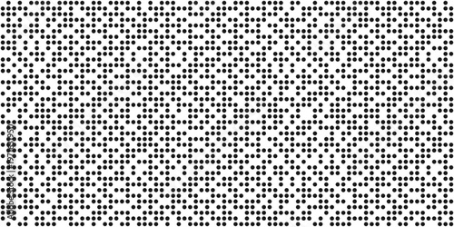 Dot pixel gradient bg. Black circle background. Abstract digital pattern with round elements grid. Random cyber texture. Modern vector illustration.