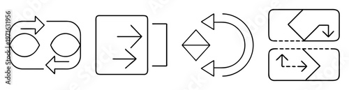 Four conceptual diagrams representing workflow, data flow, feedback and exchange