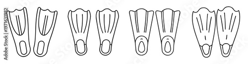 Four pairs of outline diving fins, flippers, on a white background