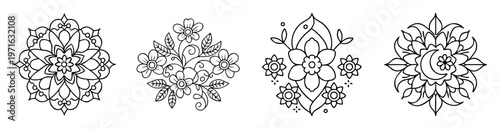 Four distinct flower mandala designs in simple black and white line art