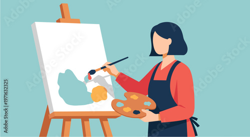 Creative young woman focused on her artistic passion, painting on a canvas with a palette and brush, expressing imagination and talent.