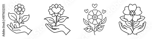 Line art illustration of flowers in hands, expressing love and care