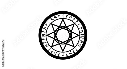 A black and white illustration of a mystical symbol with geometric shapes and text.