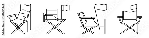 simple black outline illustration of four director chairs each with a flag