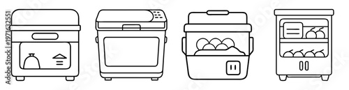 Outlined kitchen appliances including a bread maker, refrigerator, cooler and warmer