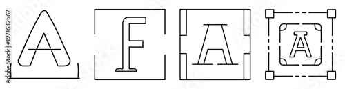 Four framed letter illustrations with artistic variations, depicting A, F, and A again