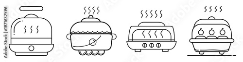 Line drawing illustration of a group of stylized kitchen appliances