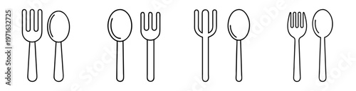 Simple black and white line art drawing of various fork and spoon pairings