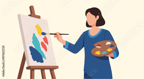 A creative female artist with dark hair, dressed in blue, passionately paints an abstract masterpiece on an easel with vibrant colors.