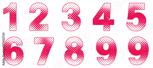 Halftone numbers in retro style, blurred and fuzzy numbers with dots and circles, raster spotted typeface vector set for vintage design, posters, and typography projects
