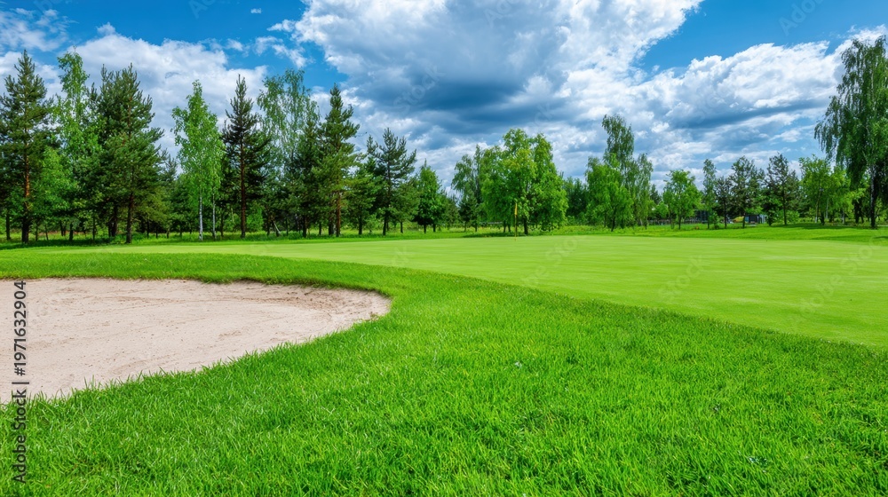 Naklejka premium Well-maintained golf course with bright green grass and sand bunker. Professional playing field. Golf sport and competition