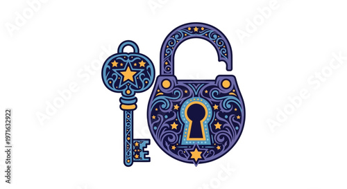 Decorative blue lock and key icon.