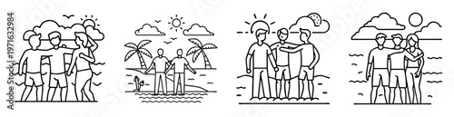 Four sets of friends at the beach in a minimalist black outline