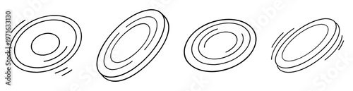 Four abstract shapes with concentric oval and circular lines creating depth