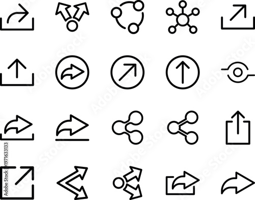 Share upload download arrow UI vector icon set, share, upload, download, export, reply, redirect, split, external