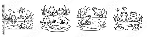 Collection of cute cartoon frogs in different pond scenarios line art