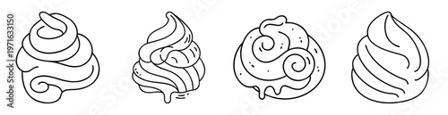 Four distinct black and white minimalist desserts featuring soft serve ice cream or frosting