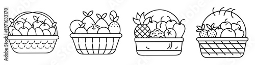 Line art illustration depicting four baskets filled with various fruits