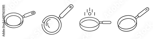 Four different pan designs with single handle and minimalist line drawing
