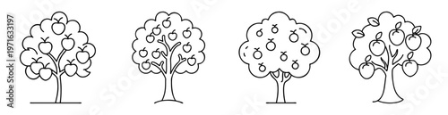 Four Simple Apple Trees with Apples Drawing in Black and White Line Art
