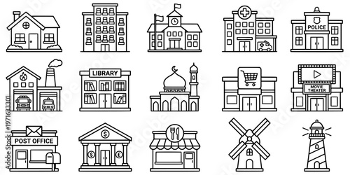 Buildings coloring page outline vector set