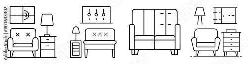 Black and white line drawing of various living room furniture elements