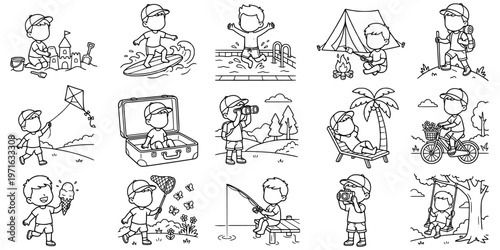 Faceless boy summer vacation activity coloring page outline vector set