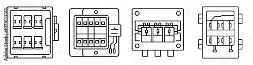 Line art illustrations of electrical distribution boxes and circuit breakers components