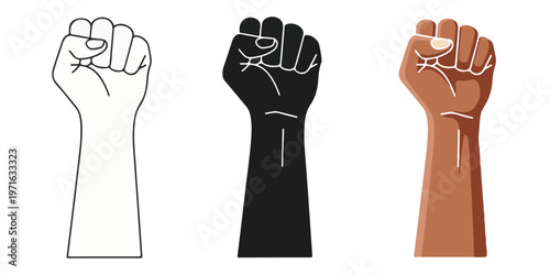 Three raised fists, one outline, one black silhouette, one realistic skin tone