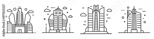 Collection of four minimal style skyscrapers with clouds and stars in black and white