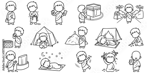 Faceless boy Hajj Umrah pilgrimage coloring page outline vector set