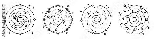 Stylized Galaxy Illustrations with Spiral Arms, Planets, Stars and Cosmic Dust