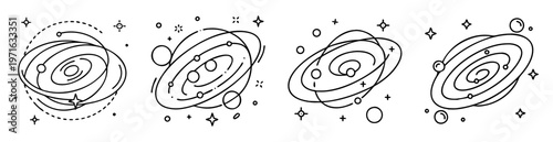 Set of abstract galaxy icons with planets and stellar bodies isolated on white