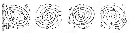 Four galaxies in line art style showcasing different galaxy shapes and structures