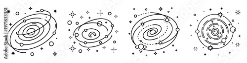 Set of four abstract space illustrations depicting galaxies in a line art style