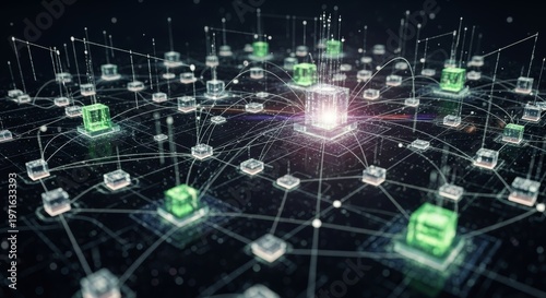 Abstract digital network showing interconnected glowing nodes and dynamic data streams, representing advanced technology, secure communication, and global information flow