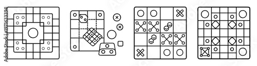 Arrangement of four geometric puzzles with varied line drawings and patterns