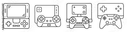 Outline illustration of four different styles of handheld and console game systems