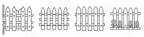 Four different stylized fence designs with flowers, suitable for coloring pages