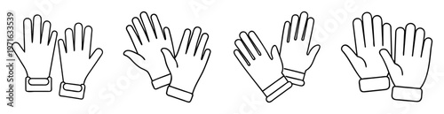 Several pairs of work gloves depicted in a clean black and white illustration